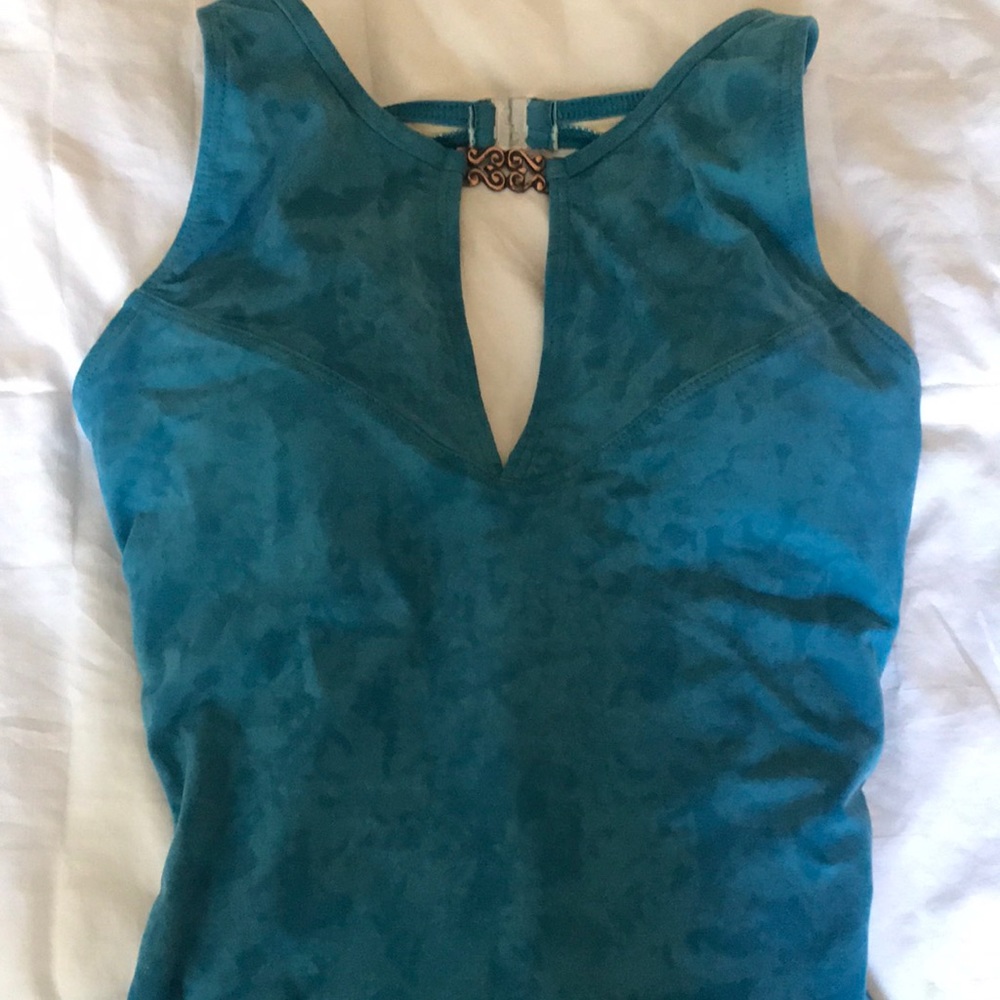 Pilpel one piece bathing suit.  Deep aqua suede like material.